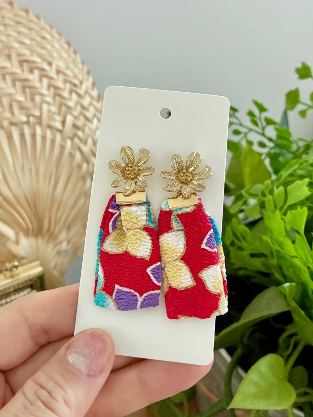 Floral Red Fabric Drop Earrings with Gold Daisy Studs